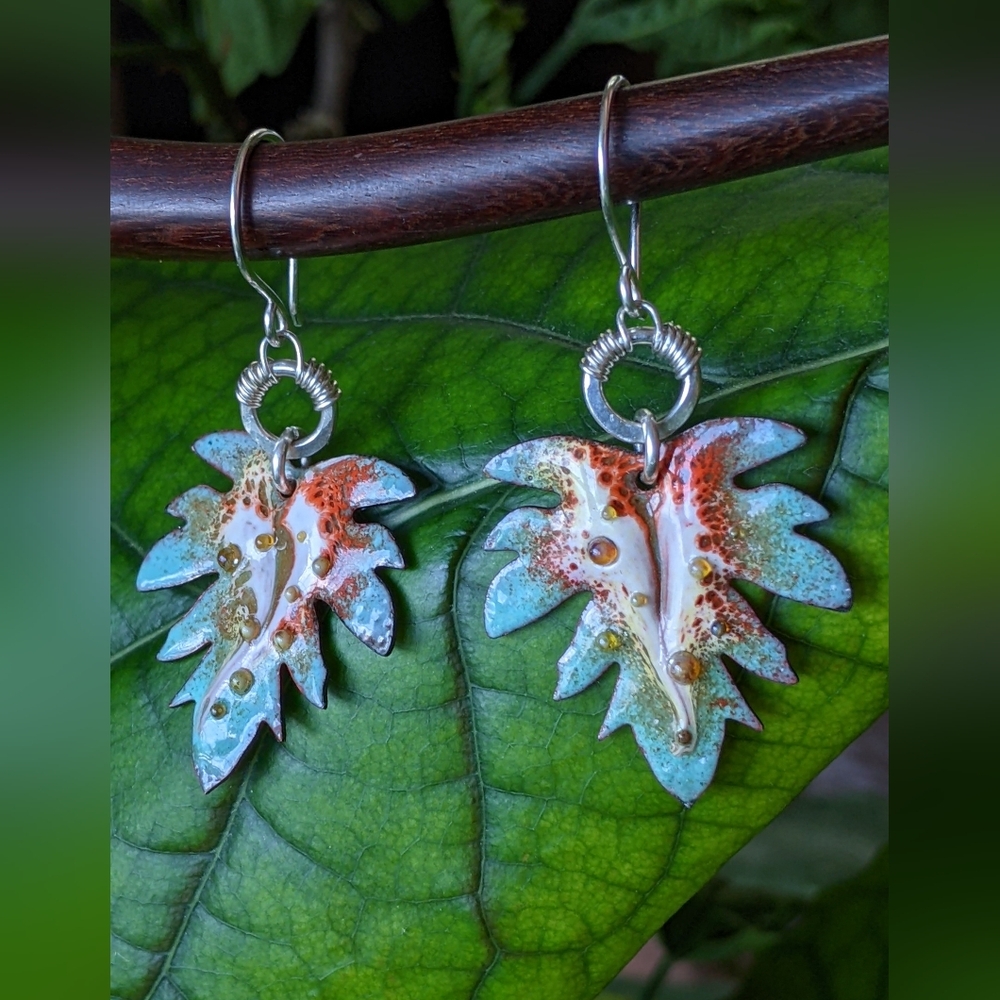 Hand Crafted Sterling Silver Earrings Artisan Leaf Charm Wire Wrap Hoop - Picture 7 of 15